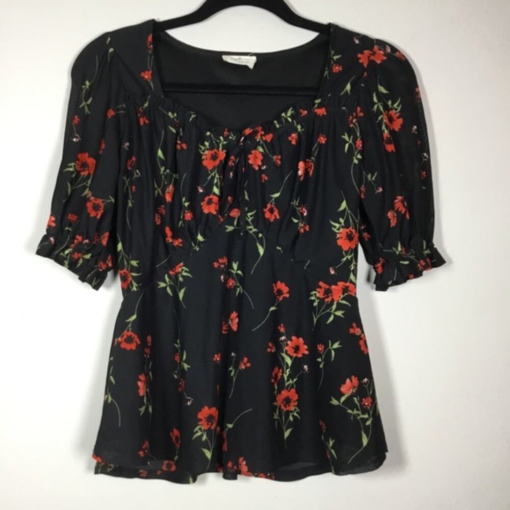 Black with blowers floaty babydoll top sheer short sleeves flare waist size S